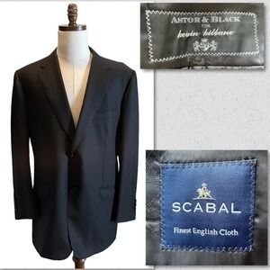 Astor & Black Suit Jacket Blazer Black 44L 46L Scabal Wool Sport Coat Formal
